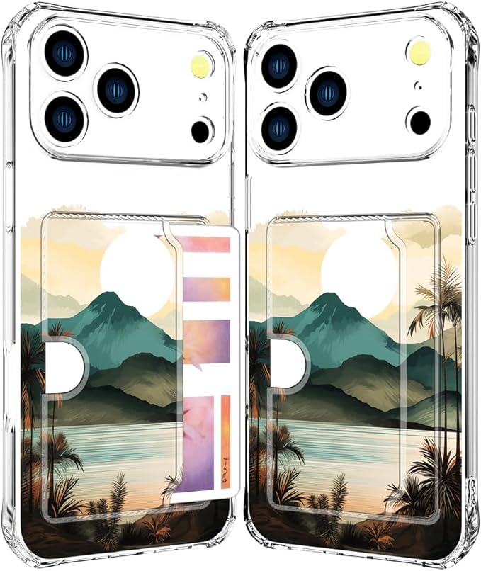 Compatible with iPhone 17 Pro Max Case Card Holder for Women Cute Design,Wallet Phone Cases Transparent Cool Kawaii Protective (Clear Ocean Sun Mountains Sunset)
