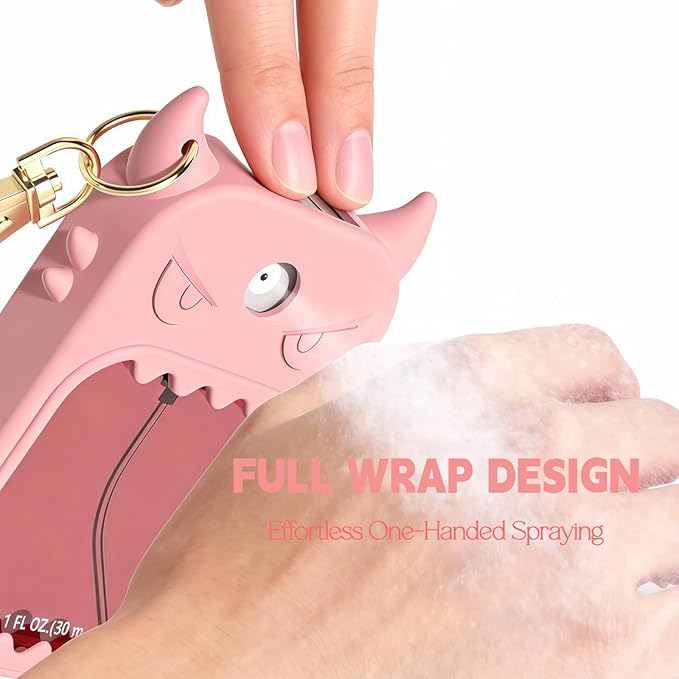 Hand Sanitizer Case Compatible with Touchland 1 Fl Oz, Cute Monster Silicone Spray Holder with Keychain for Bags, Pink