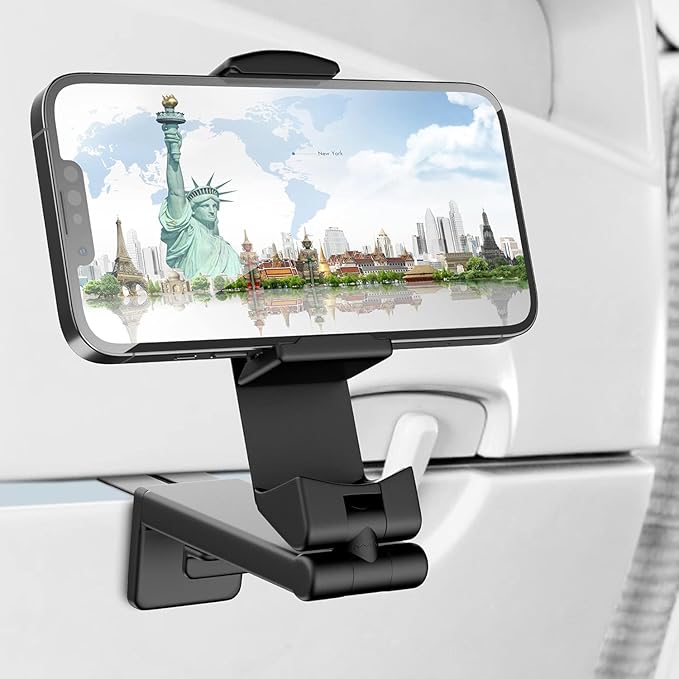 Airplane Travel Essentials Phone Holder, Universal Handsfree Phone Mount for Flying with 360 Degree Rotation, Accessory for Airplane, Travel Must Haves Phone Stand for Desk (Black)