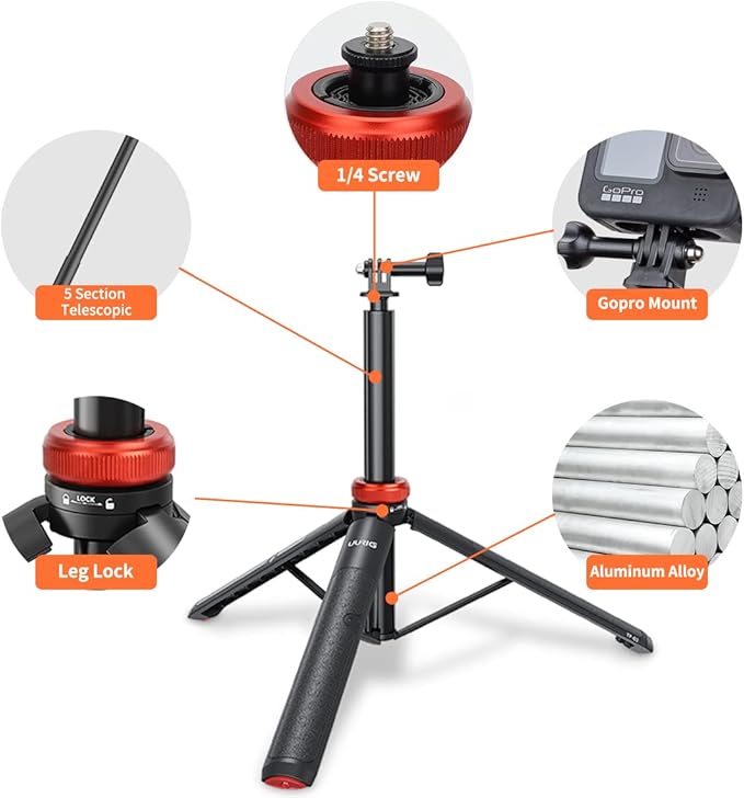 UURig Telescopic Selfie Stick Long with Tripod, Waterproof Hand Grip, for Insta360X5/X4, GoPro Hero 13 12 11 10 9 8 7 6 5 4 3 2, Fusion, Max, Session, AKASO, SJCAM, DJI OSMO Action 6/5Pro/4/3 GoPro