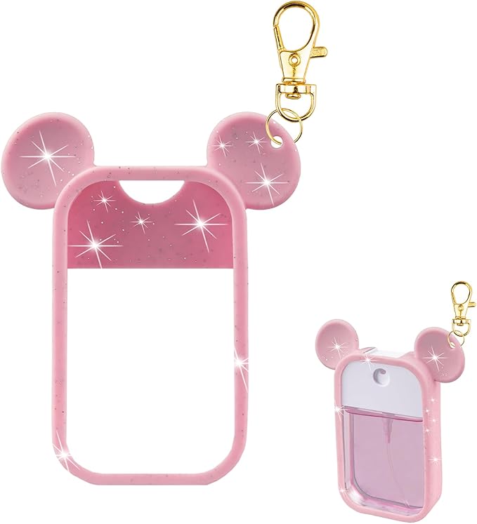 TERPINK Silicone Case Compatible with Touchland Hand Sanitizer Spray 1 fl oz, Mouse Design Protective Case with Keychain, Hand Sanitizer Spray Accessory 1 Pack (Glitter Sequin Pink)