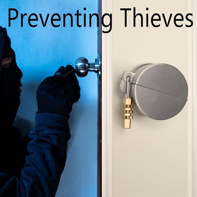 Door Knob With Lock,Without Drilling ,Dementia Door handle lock，From Outside Prevents Turning of Door Knob and Access to Keyhole,for Apartment Evictions，Childproof (Stainless steel with padlock)