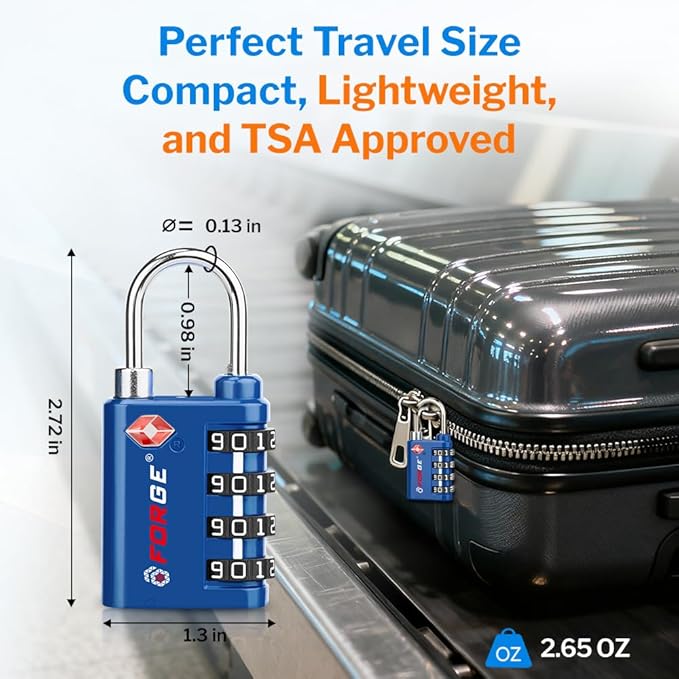 Forge Dual-Opening: Key or Combination Lock, TSA Approved Lock for Luggage, Pelican case, Travel, Gym, School, Luggage Combination Lock, Travel Bag Lock (Blue 2 Pk)