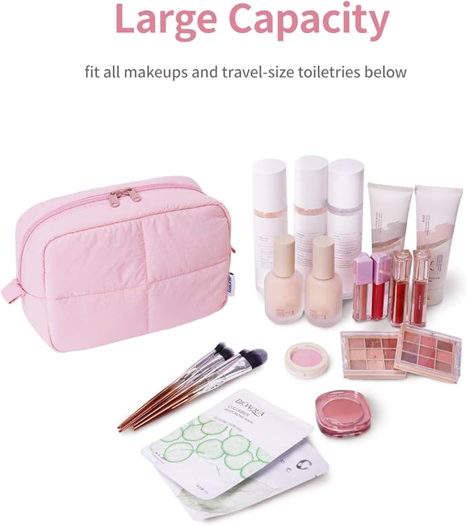 Narwey Pink Makeup Bag for Travel Women Girl, Quilted Cosmetic Bag Make up Organizer Bags with Compartments, Puffy Travel Toiletry Bag Toiletries (Pink)
