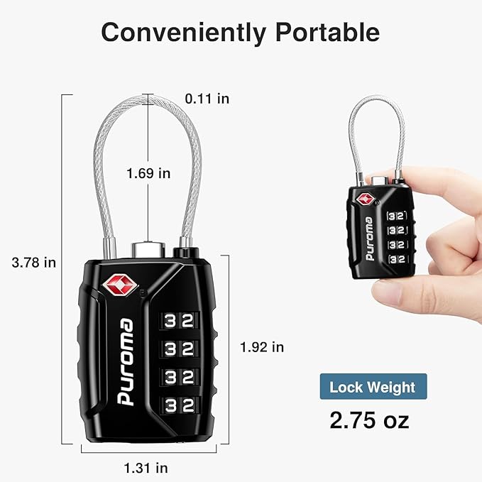 Puroma TSA Approved Luggage Locks, 4 Digit Combination Travel Cable Locks Resettable Code Lock with Zinc Alloy Body for Suitcase, Toolbox, Backpack, Bag, Gym Locker (Basic Black)
