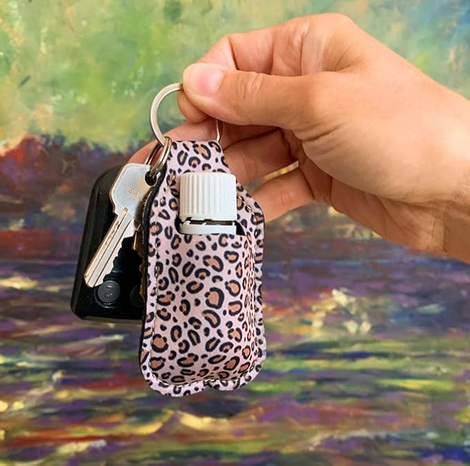 Hand Sanitizer Holder - 1 oz Travel Size Hand Sanitizer Keychain Holder, Attaches Easily with Key Ring and Carabiner Clip Sunflower Leopard