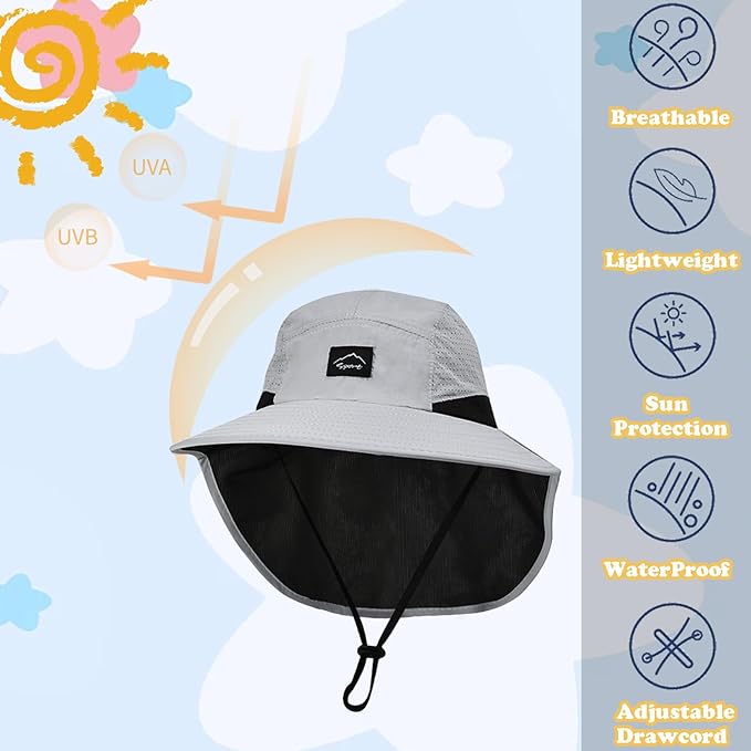 Outdoor Kids Sun Hat with Neck Flap UPF 50+ Quick Dry Beach Hats for Baby Boys Girls Age 2-12 Years Adjustable