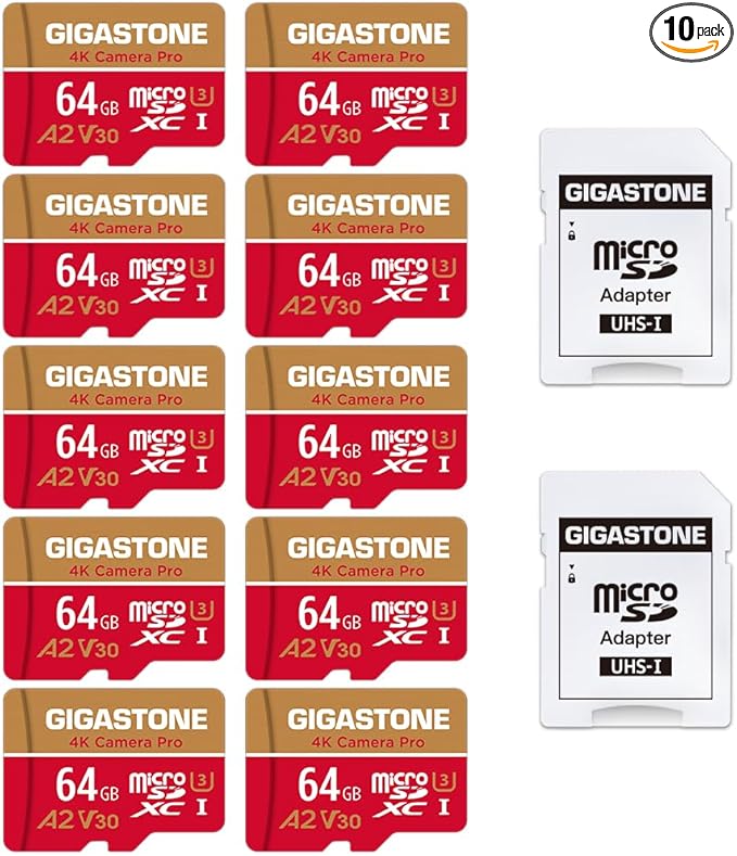 【5-Years Data Recovery】 GIGASTONE 64GB Micro SD Card 10-Pack, 4K Camera Pro, for GoPro, Security Camera, Wyze, DJI, Drone, Dash Cam, R/W up to 95/35MB/s MicroSDXC Memory Card UHS-I U3 A2 V30