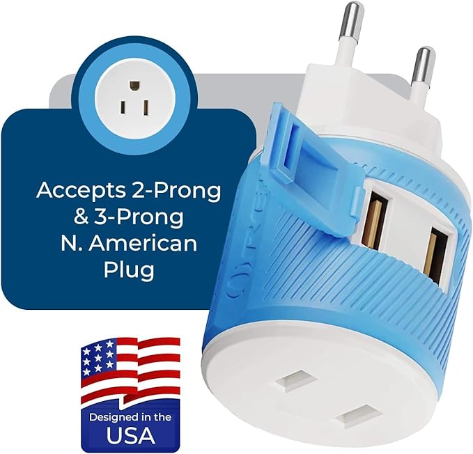 OREI European Travel Plug Adapter with Dual USB - for Most of Europe - Type C (U2U-9C), Will Work with Cell Phones, Camera, Laptop, Tablets, iPad, iPhone and More