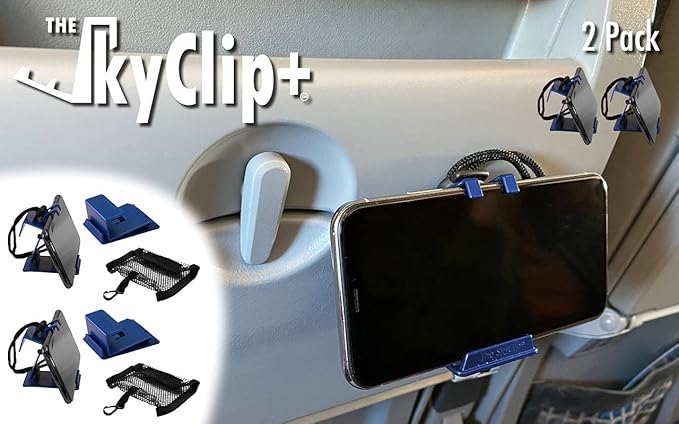 The SkyClip+ Phone & Tablet Holder for Air Travel, Home and Office Use - Inflight Phone Mount & Stand Compatible with iPhone, Android, Kindle and Tablets - Travel Accessory (Blue & Blue, 2 Pack)