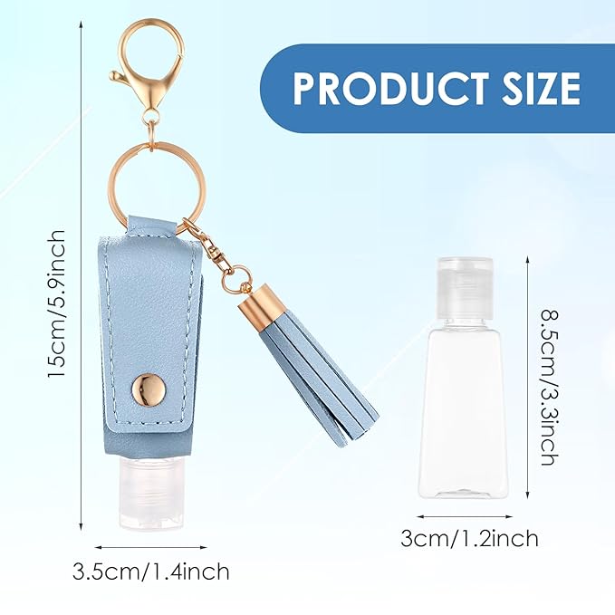 2Pcs Portable Leather Hand Sanitizer Holder, Travel Size Keychain Refillable Bottle for Toiletry Lotion Liquid Soap Shampoo (Blue, White)
