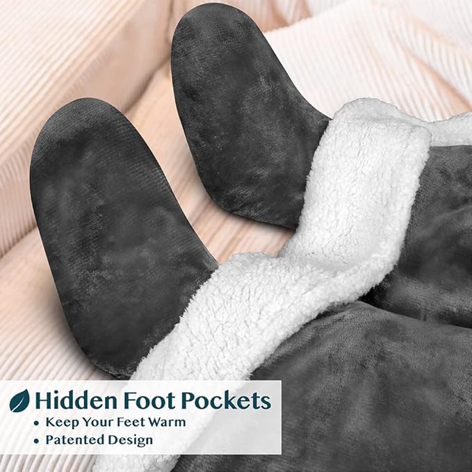 PAVILIA Sherpa Blanket with Sleeves, Foot Pocket for Women Men Adults, Thick Wearable Blanket Throw Wrap, Fleece Warm Snuggle Blanket Robe, Cozy Gift Ideas Wife Mom, Dark Gray