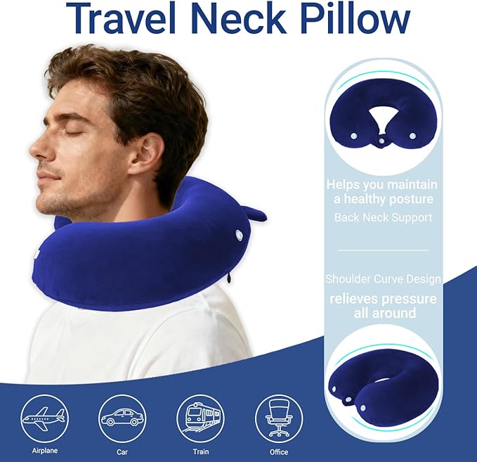 Travel Pillow with Removable Large Hood, Memory Foam Neck Pillow for Airplane, Car, Train Travel Sleeping & Rest, with Soft Cover (Blue)