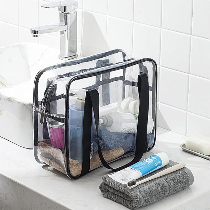 SxoSyo Clear Makeup Bags Large Travel Toiletry Bag for Women Transparent Bag Clear Cosmetic Bags with Handle Bathroom Organizer (black)