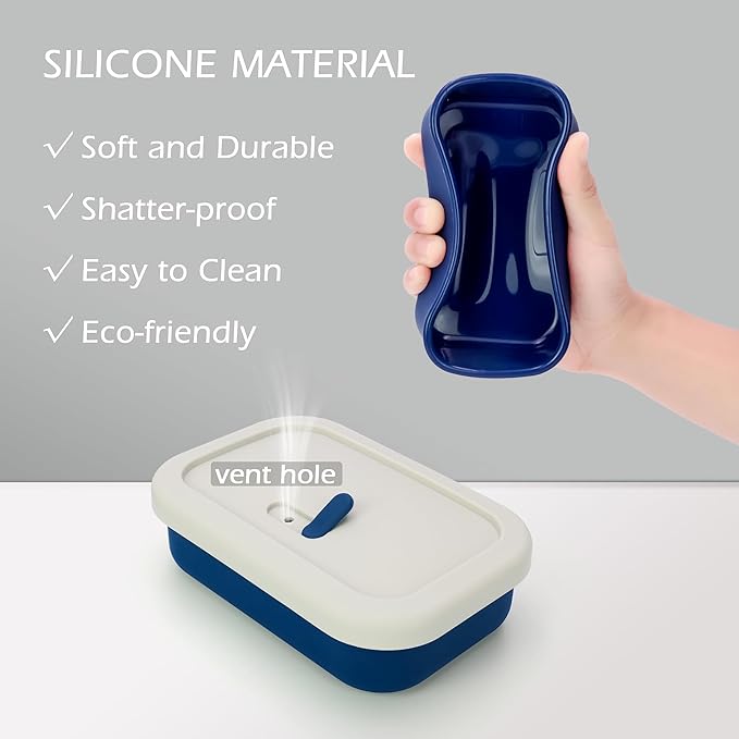AIDIMMING Enhanced Leak Proof Travel Case with Lid, Large Silicone Container for Traveling,Shampoo Bar Holder, Soap Dish with Draining Layer, Bar Soap Caddy (Offwhite & Blue)