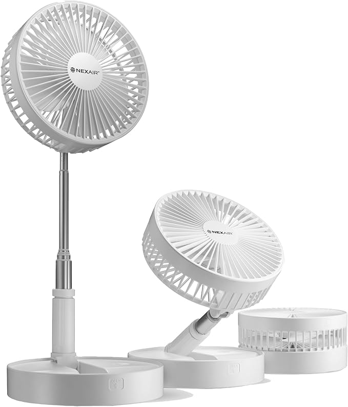 NEXAIR Premium 8" Foldable 4 Speed Portable Fan with Adjustable Height 14” – 39.5 in, Rechargeable Folding Fan For Home And Office, Quiet Floor Fan For Bedroom, Battery Operated Fan For Travel