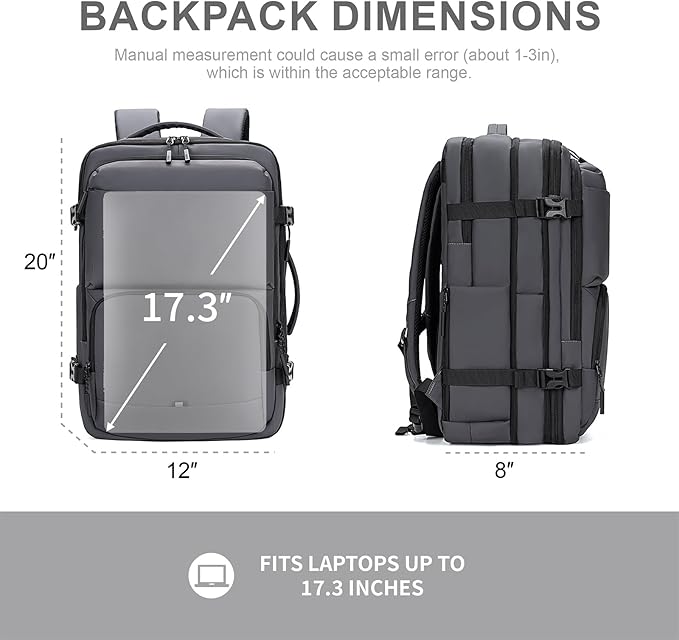 BAGOK Carry On Travel Backpack, 35L-40L Expandable Extra Large Airline Approved,Lightweight Daypack for Men and Women（Gray）