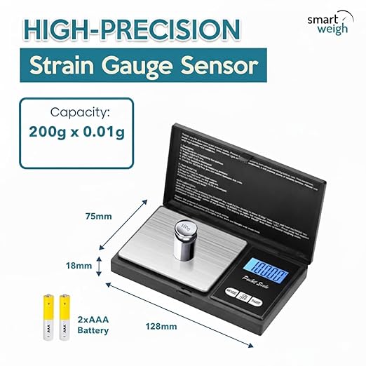 Smart Weigh Precision Digital Gram Scale (200g x 0.01g) – 7 Units (g, oz, ozt, DWT, ct, gn, tl) – Portable Pocket Design for Jewelry, Gems, and Food – Tare Function & Backlit LCD – Battery Included