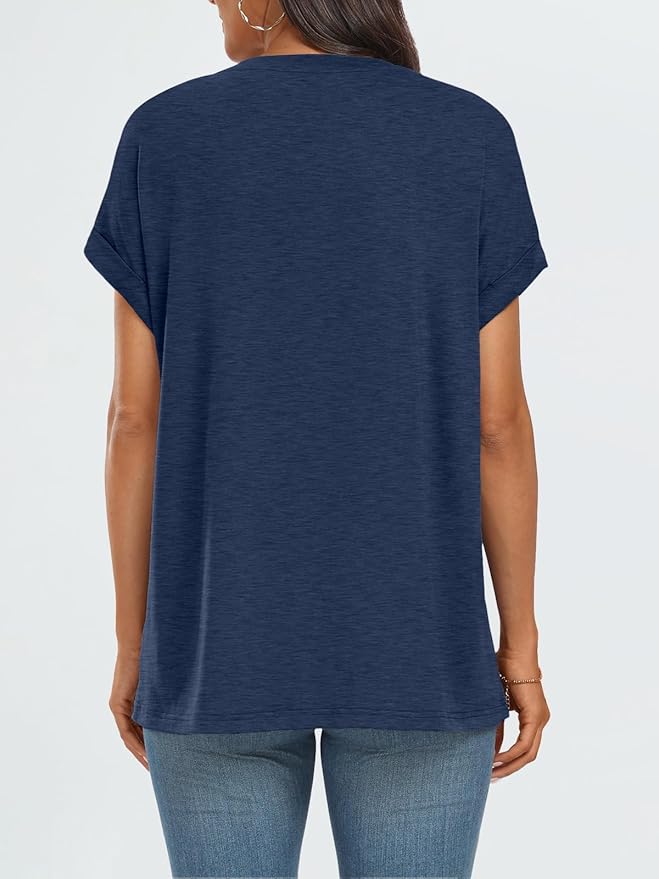 AUTOMET Women's Oversized Short Sleeve T Shirts Casual Drop Shoulder Rolled Cuff Summer Tops for Work, Travel and Lounge
