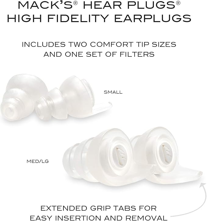 Mack's High Fidelity Ear Plugs for Concerts, Musicians, Motorcycles, Noise Sensitivity - 1 Pair (2 Comfort Tip Sizes) - Clear Hear Plugs with Case