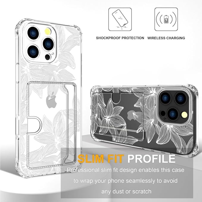 Compatible with iPhone 16 Pro Max Case Card Holder for Women Cute Design,Wallet Phone Cases Transparent Cool Kawaii Protective (Clear Flower White)