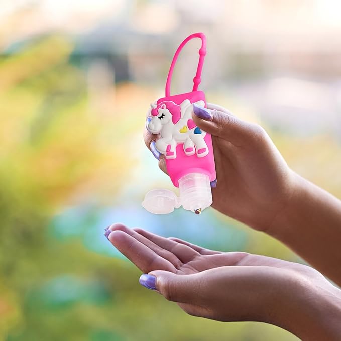 Refillable Travel Bottles Containers, 4 Pack Hand Sanitizer Travel Size Holder with Empty Silicone Bottles Case Keychain Carrier, Leak Proof Portable Bottle for Liquid Soap, Lotion (Unicorn)