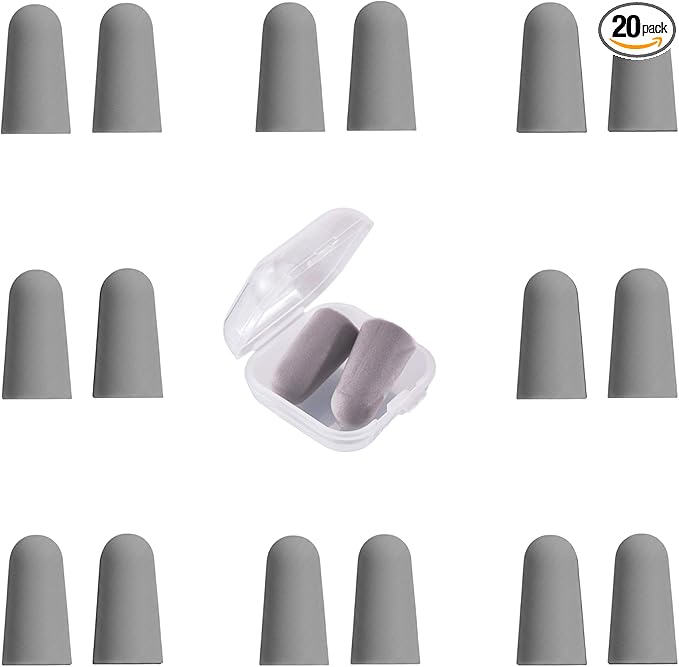 20 Pairs Gray Reusable Ear Plugs, 32dB NRR Noise Reduction, Washable Slow-Rebound Foam Earplugs for Sleeping, Snoring, Work, Concerts, Travel