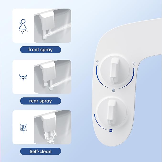 Toilet Bidet Attachment, Non-Electric Dual Nozzle (Feminine/Bidet Wash), Self-Cleaning Fresh Cold Water Sprayer Bidets for Toilets with Adjustable Water Pressure (Dual Knob, White)