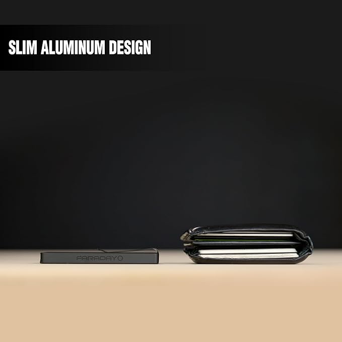 Faraday Wallet - RFID Blocking | Aluminum Credit Card Holder | Slim Minimalist | Locking Button Release | MagSafe Compatible | Money Clip | Genuine Leather