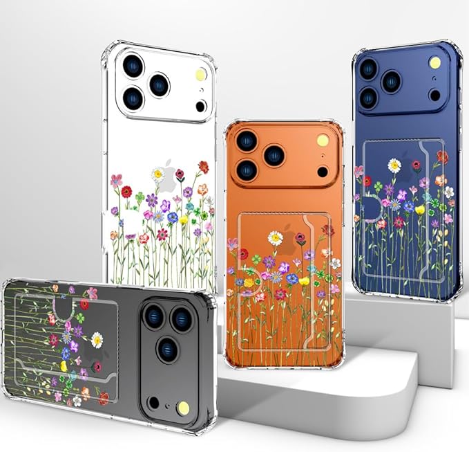 Compatible with iPhone 17 Pro Max Case Card Holder for Women Cute Design,Wallet Phone Cases Transparent Cool Kawaii Protective (Clear Flower Floral Bouquet)