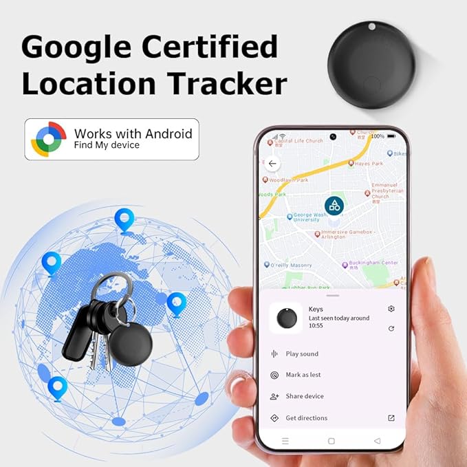 Bluetooth Tracker for Android, Works with Google Find My Device App, IP67 Waterproof, Replaceable Battery, Tracker Tag for Keys, Backpack, Suitcases, Travel and Commute（Black, 1Pack