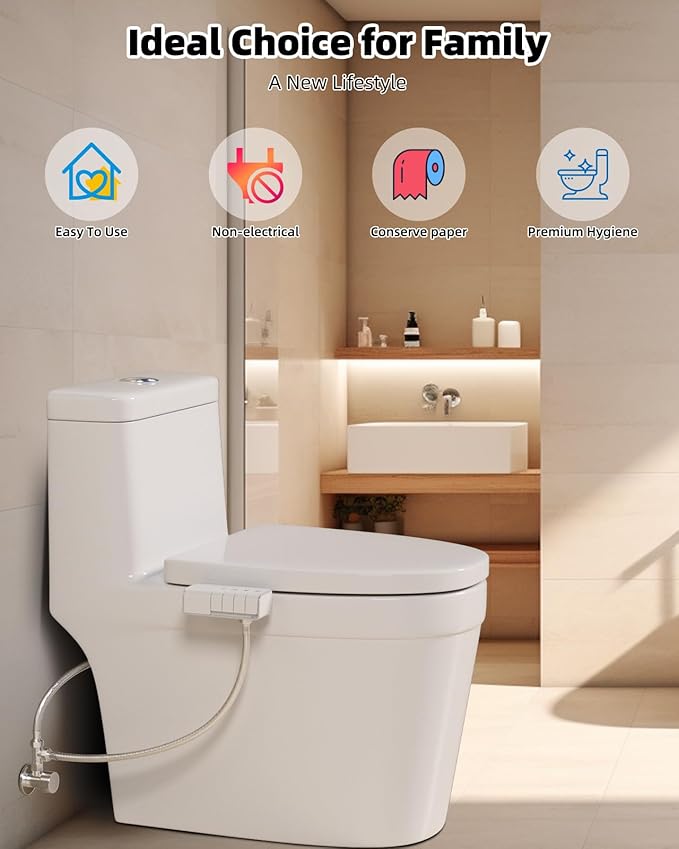 Hibbent Bidet Attachment for Toilet, Non-Electric Dual Nozzle for Frontal & Rear Wash, Adjustable Water Pressure Control, Fresh Water Bidet Toilet Seat, Self Cleaning Water Sprayer, White