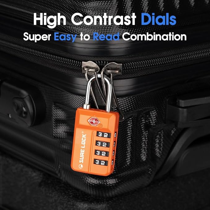 SURE LOCK TSA Approved 4-Digit Resettable Combination Luggage Locks with Open Alert, Easy-Read Dials - for Luggage, School Lockers, Gym, Office, Toolbox & Security Cases (Orange 2 Pack)