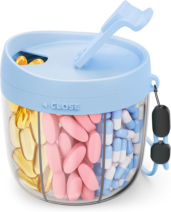 AMOOS Cute Pill Dispenser with 7 Large Compartments, Portable Pill Bottle Organizer with Wide Opening for Easy Use, Anti-Mix Pill Organizer for Travel, BPA-Free Pill Container, Blue