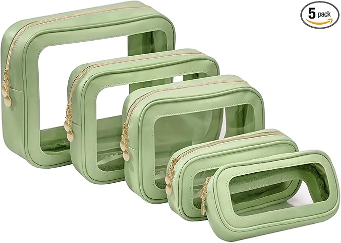 5PCS Diaper Bag Organizer Pouch Set, Clear Organizer Bags, TSA Approved Toiletry Bag, Clear Waterproof Cosmetic Bags with Zipper, Purse Organizer Pouches,Travel Organizer Bags for Woman and Kids Green