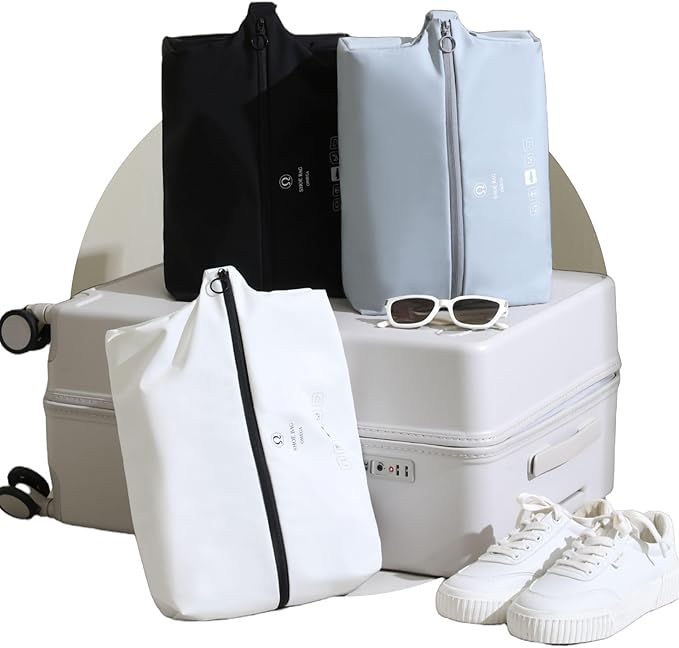 tianzong 3 Piece Double-Layer Fabric Wide-Opening Waterproof Travel Shoe Bag with Comfortable Handle (Black + Bluish Grey + White)