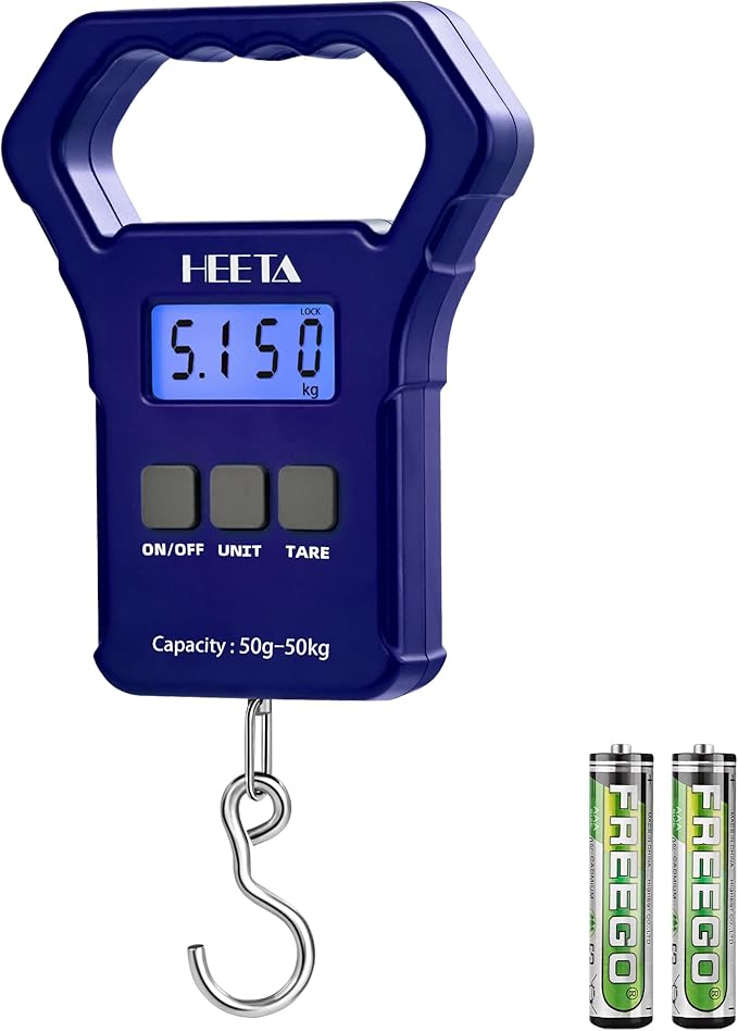 HEETA Fish Scale, 110lb/50kg Digital Portable Hanging Fishing Weight Scale with Backlit LCD Display, Luggage Scale with Hook, Non-Slip Large ABS Handle & 2 AAA Batteries, Fishing Gifts Gear for Men