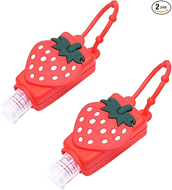 2Pcs Strawberry Empty Travel Hand Sanitizer Bottle, Silicone Sleeve Refillable Empty Squeeze Leakproof Flip Cap Keychain, Hand Soap Holder Cosmetic Containers, Refillable Portable Travel Containers