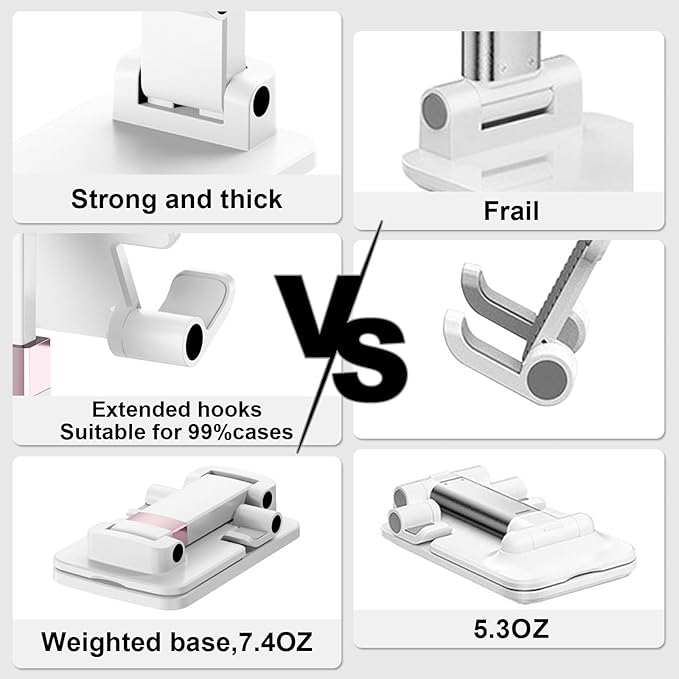 Phone Stand for Desk, Cell Phone Holder Adjustable Office Cellphone Stand for Desk Adjustable Tablet Stands Compact Design for iPhone iPad Android Devices Under 12", White,2Pack