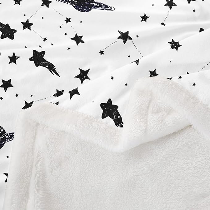 Sun and Moon Kids Throw Blanket,Starry Sky Galaxy Planets Romantic Bed Blanket for Girls Boys Adults,Constellation Trippy Fleece Blanket,Black White Fuzzy Blanket,Twin Size (60 x 80 Inches)