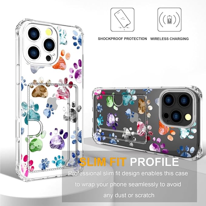 Compatible with iPhone 16 Pro Case Card Holder for Women Cute Design,Wallet Phone Cases Transparent Cool Kawaii Protective (Clear Lovely Dogs Paws)