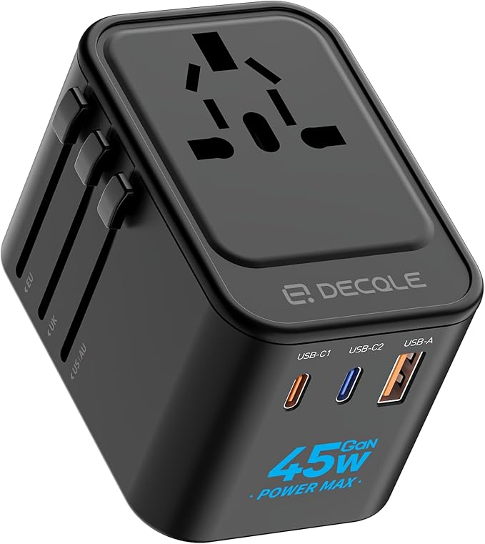 Universal Travel Adapter, International Travel Plug Adapter with 2 USB-C(GaN 45W) ＆ 1 USB-A Ports, All in One Portable Adaptor, for USA, UK, EU, AU ＆ 224+ Countries (Black) US