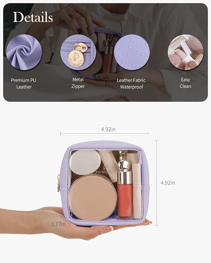 Pocmimut Clear Makeup Bag, Easy to Find Mini Makeup Bag for Purse, Travel Makeup Bag for Car, Compact Cosmetic Pouch for Daily Essentials,Purple