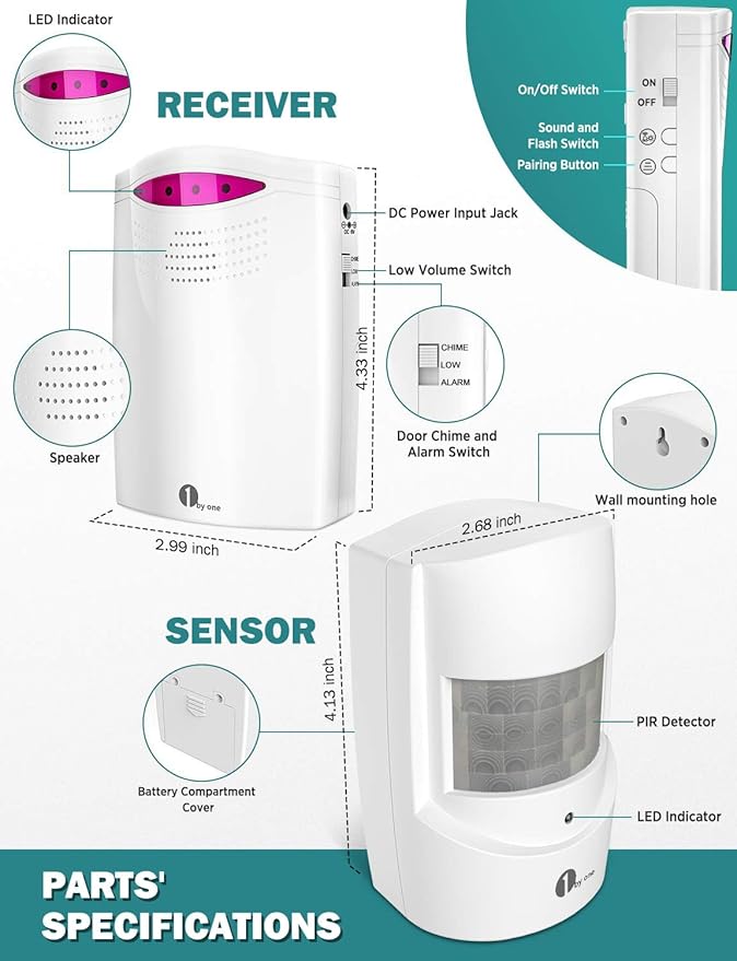 Driveway Alarm Wireless Outside, 1 BY ONE Motion Sensor Alarm 1000ft/300m Range Extra Loud Chimes Security Alarm System with 1 Receiver 2 Weatherproof Infrared Sensors Protect Indoor/Outdoor Property