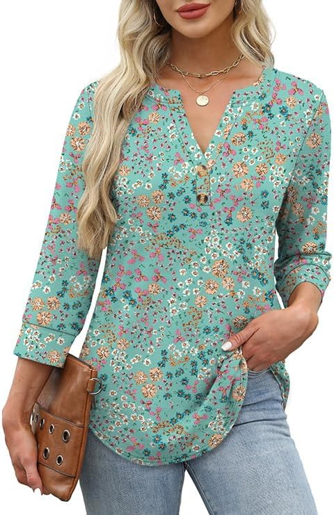 OFEEFAN Womens Tops 3/4 Sleeve Henley Shirts for Women Summer Outfits Fashion Clothing