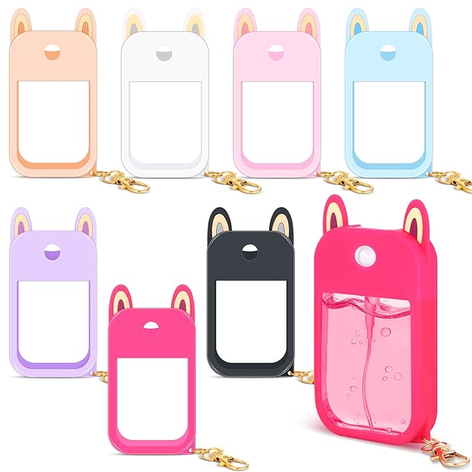 7 Pcs Silicone Case Compatible with Touchland Hand Sanitizer Spray, Cute Bunny Ear Protective Spray Holder Travel Size with Keychain Set for Power Mist & Glow Mist 1 fl oz, Hand Sanitizer Accessory