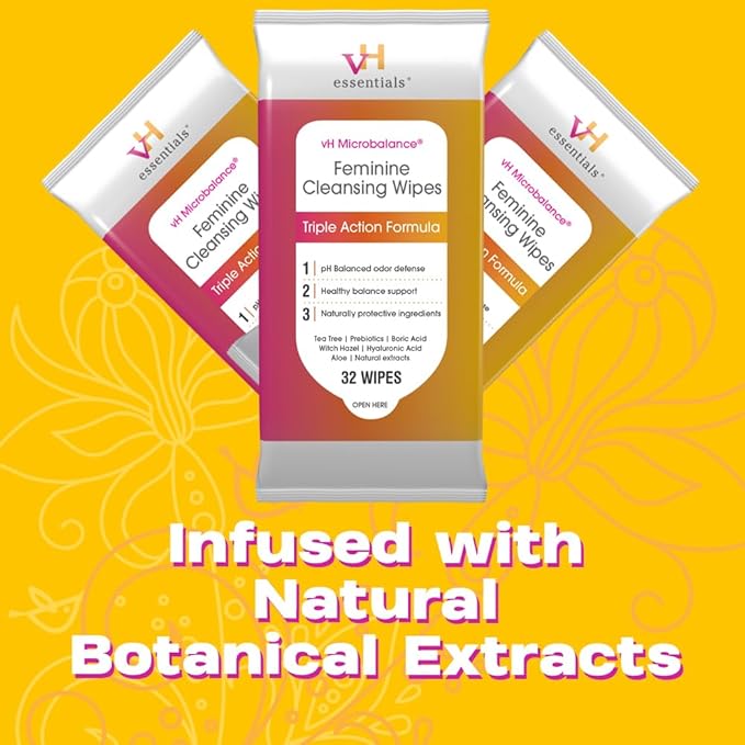 vH essentials Feminine Cleansing Wipes 32 ct. pH Balanced, Prebiotics, Tea Tree & Aloe, Soothing Witch Hazel, Vaginal and Perianal Care, Paraben, Alcohol, and Fragrance-Free (Pack of 6)