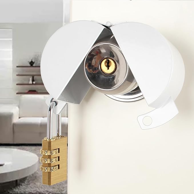 Door Knob with Lock,Without Drilling,Dementia Door Handle Lock，from Outside Prevents Turning of Door Knob and Access to Keyhole,for Apartment Evictions，Childproof (White with Padlock)