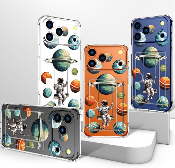 Compatible with iPhone 17 Pro Case Card Holder for Women Cute Design,Wallet Phone Cases Transparent Cool Kawaii Protective (Clear Astronaut Space Planets)