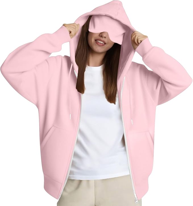Zip Up Hoodie with Eye Mask Built In, Comfort Airplane Wearable Blanket Sweatshirt Men Women Sleep Clothes
